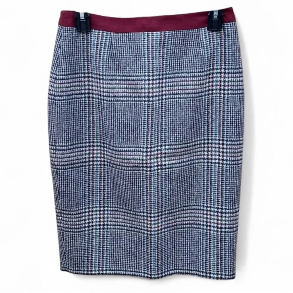 BODEN British Tweed Wool Black/Maroon/White/Blue Plaid Pencil Skirt 4 Classic - Picture 2 of 6